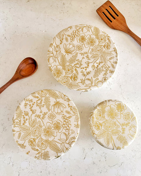 Gold Floral Cotton Fabric Food Baking Bread Mixer Bowl Covers | Reusable Washable Zero Waste Eco-friendly Sustainable Gift Kitchen Tool