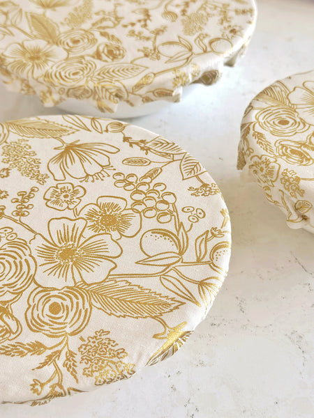 Gold Floral Cotton Fabric Food Baking Bread Mixer Bowl Covers | Reusable Washable Zero Waste Eco-friendly Sustainable Gift Kitchen Tool