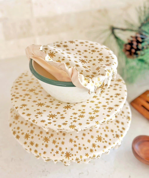 Gold Twinkle Stars Cotton Fabric Food Baking Bread Mixer Bowl Covers | Reusable Washable Zero Waste Eco-friendly Sustainable Gift Kitchen Tool