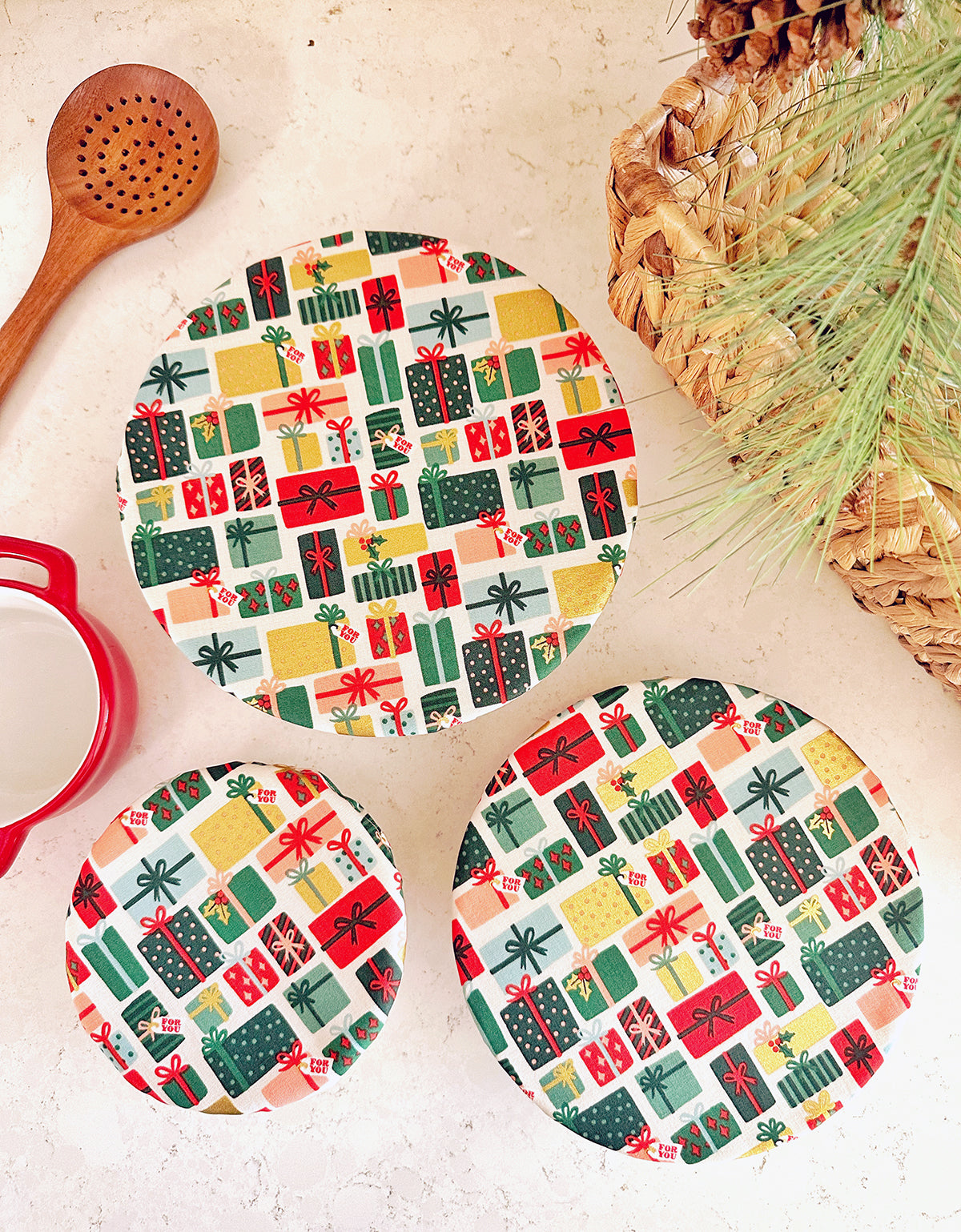 Holiday Presents Cotton Fabric Food Baking Bread Mixer Bowl Covers | Reusable Washable Zero Waste Eco-friendly Sustainable Gift Kitchen Tool