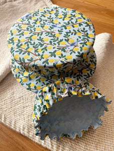 Dusty Blue Vintage Lemons Reusable Washable Cotton Fabric Food Baking Bread Mixer Bowl Covers | Zero Waste Eco-friendly Sustainable Gift Kitchen Tool Accessories
