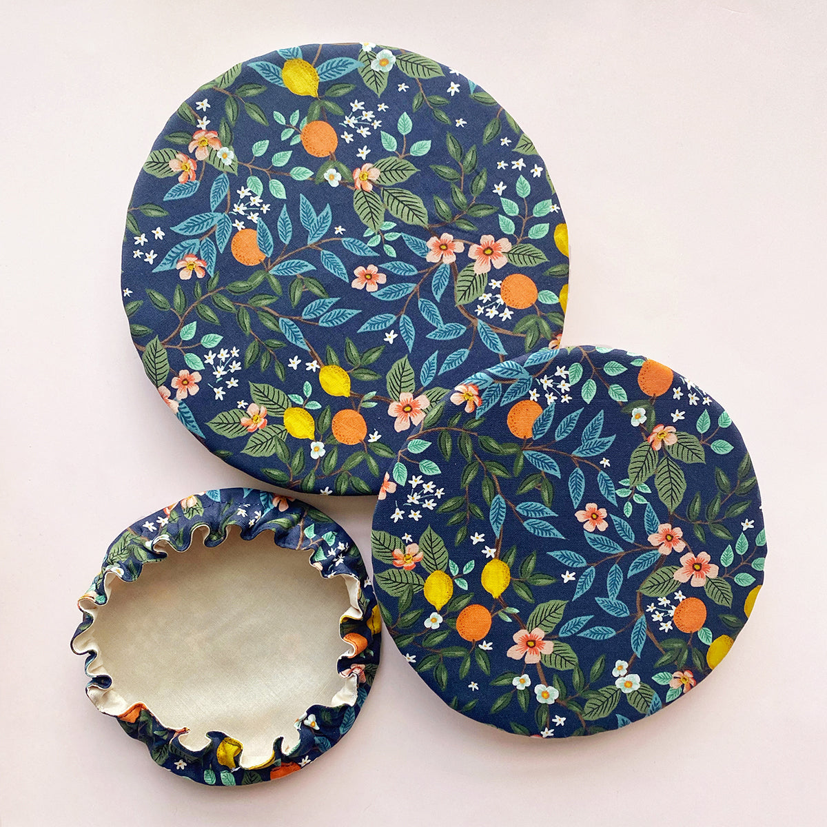 Dark Blue Navy Citrus Botanical Floral Reusable Washable Cotton Fabric Food Baking Bread Mixer Bowl Covers | Zero Waste Eco-friendly Sustainable Gift Kitchen Tool Accessories
