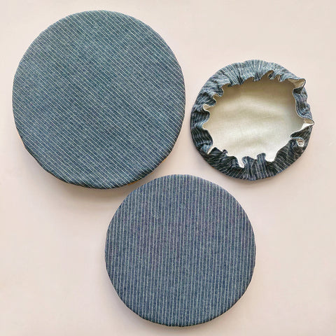 Farmhouse Denim Blue Pinstripes Stripes Picnic Reusable Washable Cotton Fabric Food Baking Bread Mixer Bowl Covers | Zero Waste Eco-friendly Sustainable Gift Kitchen Tool Accessories