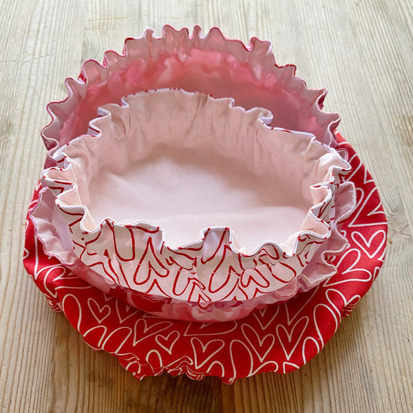 Valentine's Pink Roses Red White Hearts Set | Reusable Cotton Fabric Food Baking Bread Mixer Bowl Covers | Zero Waste Eco-friendly Sustainable