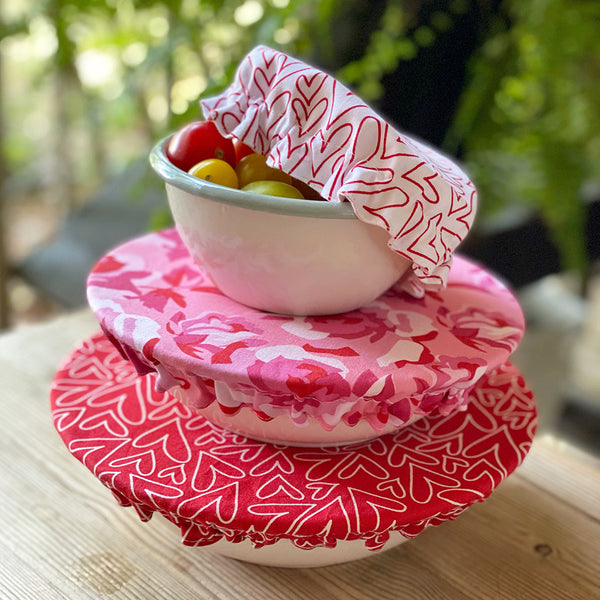 Valentine's Pink Roses Red White Hearts Set | Reusable Cotton Fabric Food Baking Bread Mixer Bowl Covers | Zero Waste Eco-friendly Sustainable