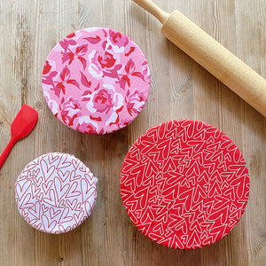 Valentine's Pink Roses Red White Hearts Set | Reusable Cotton Fabric Food Baking Bread Mixer Bowl Covers | Zero Waste Eco-friendly Sustainable