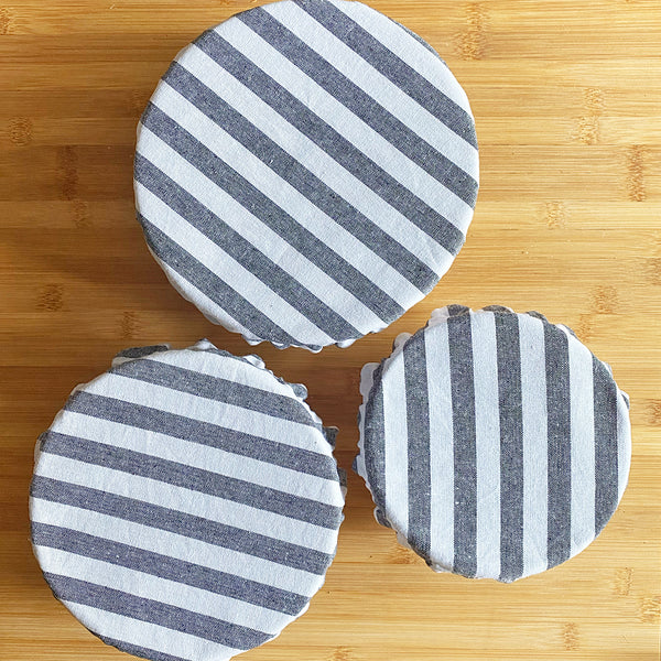 Farmhouse Dark Indigo Blue Cabana Stripes Reusable Washable Cotton Fabric Food Baking Bread Mixer Bowl Covers | Zero Waste Eco-friendly Sustainable Gift Kitchen Tool Accessories