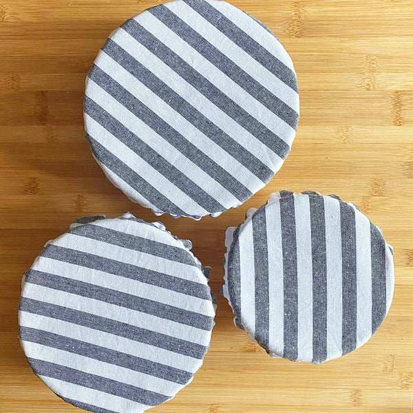 Farmhouse Dark Indigo Blue Cabana Stripes Reusable Washable Cotton Fabric Food Baking Bread Mixer Bowl Covers | Zero Waste Eco-friendly Sustainable Gift Kitchen Tool Accessories