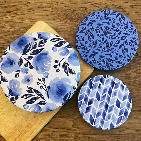 Blue Floral Reusable Washable Cotton Fabric Food Baking Bread Mixer Bowl Covers | Zero Waste Eco-friendly Sustainable Gift Kitchen Tool Accessories