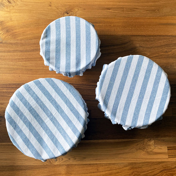 Farmhouse Light Blue Cabana Stripes Reusable Washable Cotton Fabric Food Baking Bread Mixer Bowl Covers | Zero Waste Eco-friendly Sustainable Gift Kitchen Tool Accessories