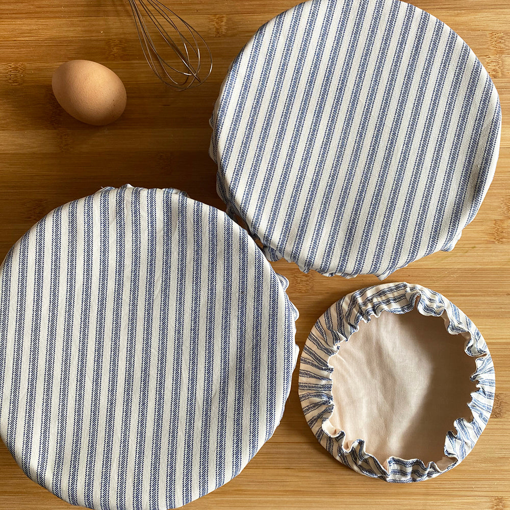 Farmhouse Blue Ticks Picnic Reusable Washable Cotton Fabric Food Baking Bread Mixer Bowl Covers | Zero Waste Eco-friendly Sustainable Gift Kitchen Tool Accessories