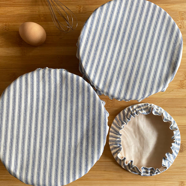 Farmhouse Blue Ticks Picnic Reusable Washable Cotton Fabric Food Baking Bread Mixer Bowl Covers | Zero Waste Eco-friendly Sustainable Gift Kitchen Tool Accessories