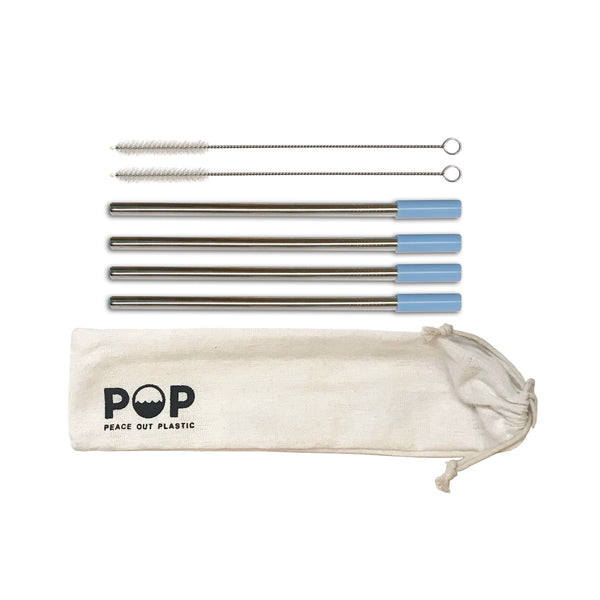 Stainless Steel Metal Drinking Straws with Blue Silicone Tips and Cleaning Brush Gift Set