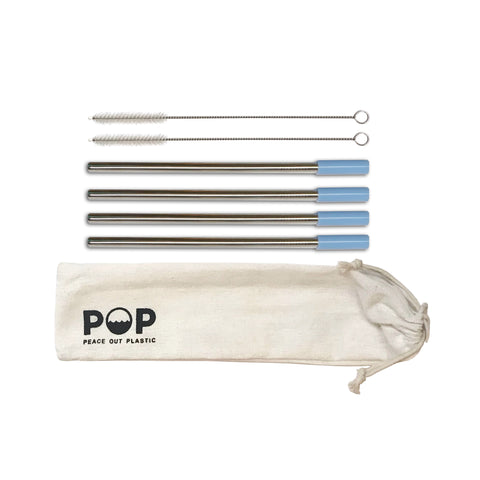 Stainless Steel Metal Drinking Straws with Blue Silicone Tips and Cleaning Brush Gift Set